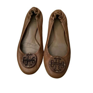 Tory Burch Women's Brown Slip On Ballet Reva Leather Ballerina Flats Size 8M